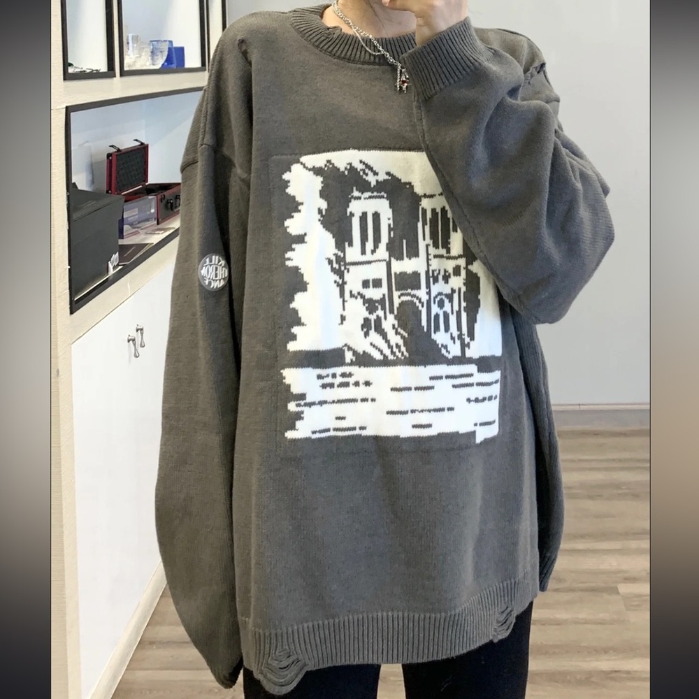 Oversized Distressed Gray Crewneck Sweater